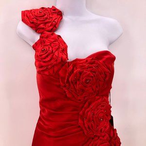 NWT Mac Duggal red satin long trained gown